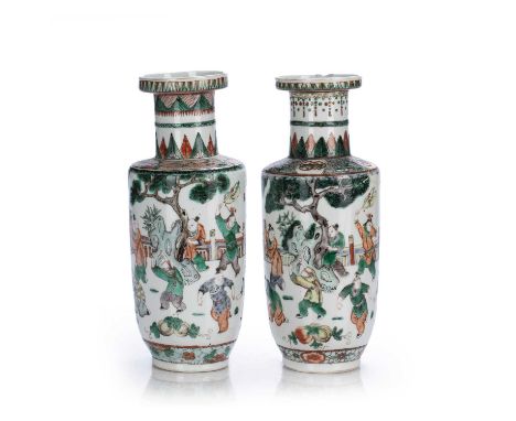 Pair of famille verte rouleau form vasesChinese, 19th Centuryenamelled with a continuous view of figures playing in a garden,