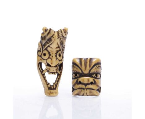 Bone netsuke Japanese, Meiji mid 19th Centuryof expressive demon mask of Hannya and another of a contemplating oniCondition r