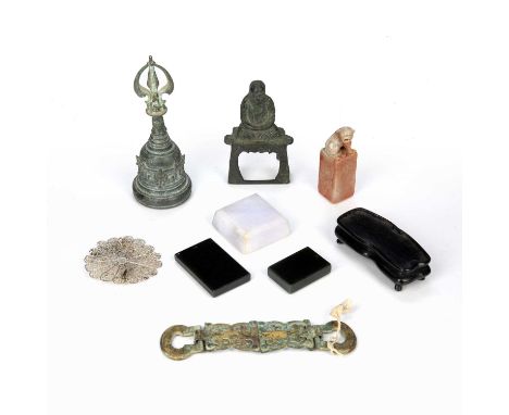 Group of miniature piecesChineseto include an archaic bell in the form of a stupa, 12.5cm high, a miniature figure with calli