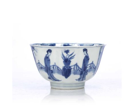Blue and white bowl Chinese, Kangxi or 18th Centurydecorated to the exterior with female figures in a pavilion, the interior 
