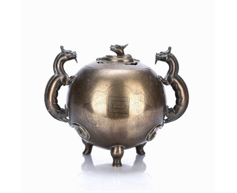 Bronze censerChinese, 18th/19th Centurywith engraved and black line inlaid dragon, cloud and other symbols, and with dragon h