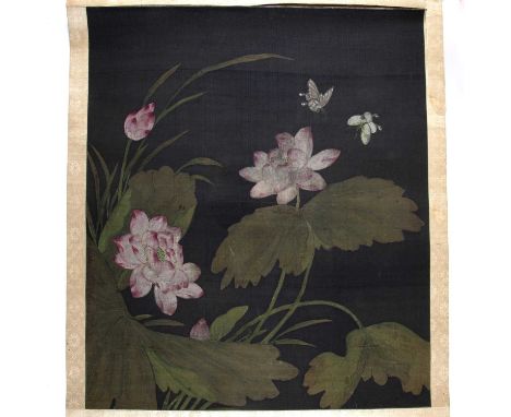 Chinese School17th/18th CenturyScroll painting, peonies and butterflies, on silk, 67cm x 57cmCondition report: Wear and creas
