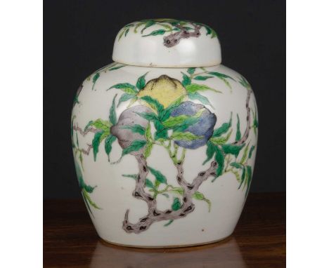 Porcelain ginger jarChinese, 18th/19th Centurydecorated with melon fruit and flowering branches, six character Kangxi mark to