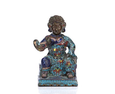 Cloisonne enamelled bronze figure of a Daoist Guardian or God of Walls and MoatsChinese, late Ming periodshown seated upon a 