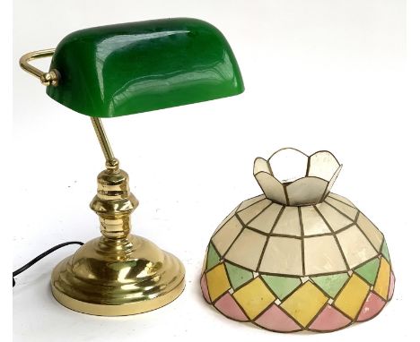 A glass bankers lamp together with a capiz shell light shade, 25cmD 