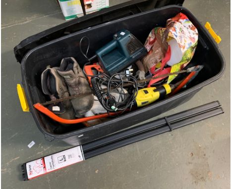 A storage chest containing a quantity of tools to include Black &amp; Decker work boots, roof rack etc 