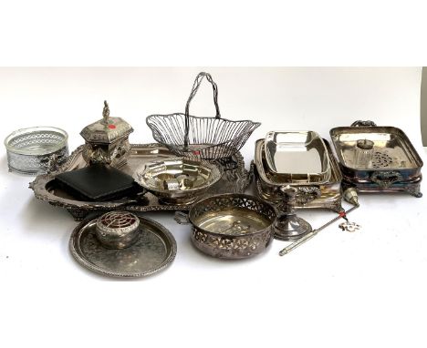 A large quantity of plated items to include rectangular tray with chased border, several serving dishes, sweet meat basket wi