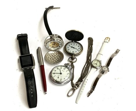A Smiths fob watch, with Arabic numerals, 4.8cmD; together with other watches, Reflex, Pebble digital watch and a Parker 45 p