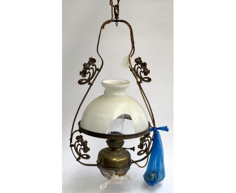 A brass hanging oil lamp with chimney and milk glass shade (the shade AF) 