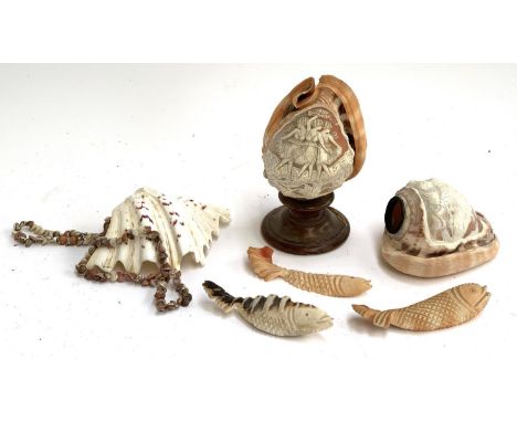 A shell cameo lamp base, carved depicting the three graces; one other depicting Naples; three carved fish; etc 