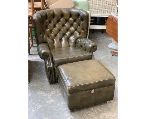 A green leather button back club chair, 90cmW; together with a matching footstool with hinged lid 
