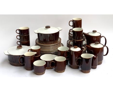 A Poole Pottery treacle glazed dinner service to include lidded tureen, teapot, coffee pot, dinner plates etc (approx. 70 pie