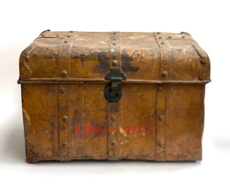 A 19th century tole ware tin travel trunk with metal strap bracing, 73cm wide 