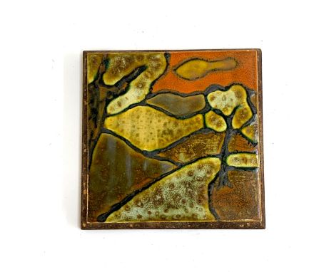 Maria Geurten (1929-1998), painted glazed ceramic tile with woodland decoration, bearing label for The Barbican Gallery Penza