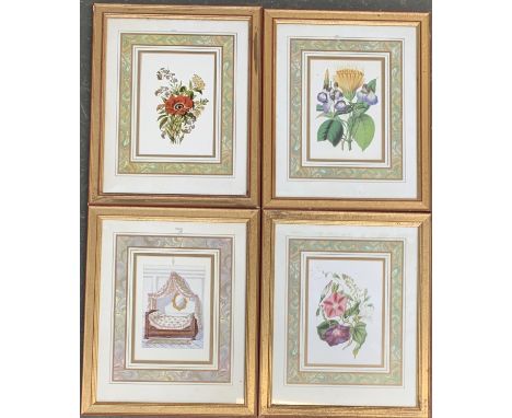 A set of three botanical prints, and one of a bedroom, each 21x15cm (4) 