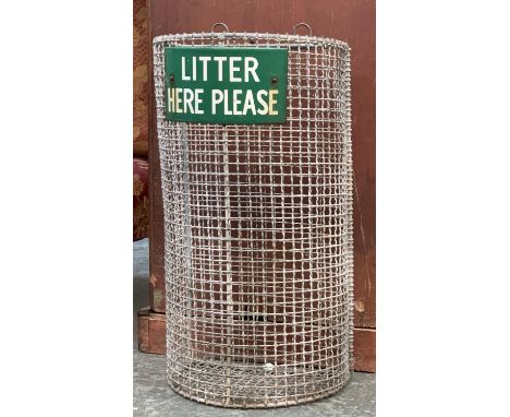 An industrial galvanised metal bin, with enamel plaque reading 'Litter Here Please', 53cmH 