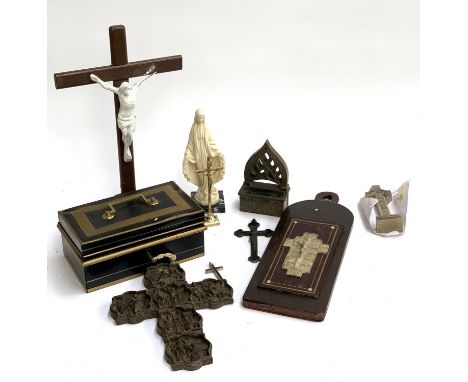 An enamel strongbox, together with a number of crucifixes and crosses 