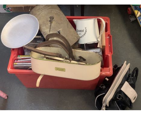 A mixed lot to include enamel dish; Salter spring balance scales; Harper scales; 'Botanical' jug etc