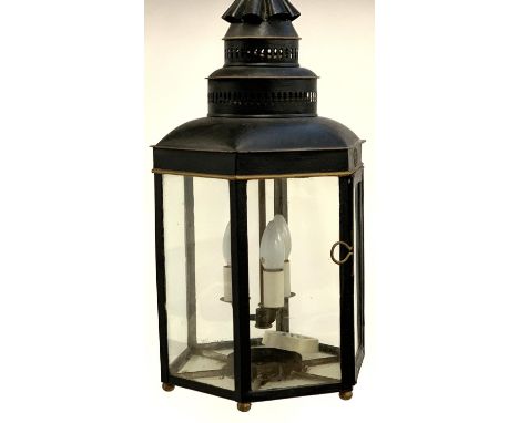 A hexagonal hall lantern, with three bulb fittings, 59cmH 