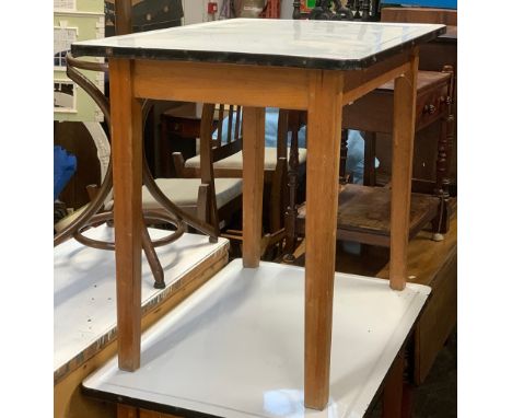 A mid century white enamel topped kitchen table, on pine base, by Remploy Ltd., 64x92x77cm 