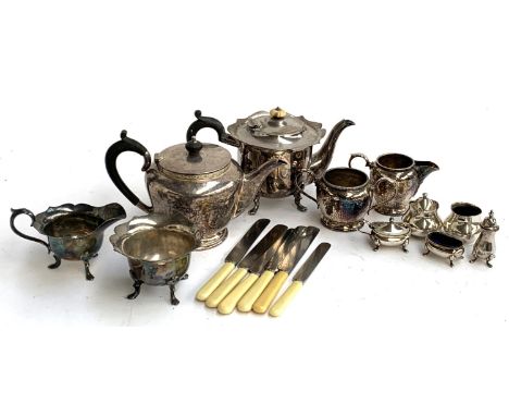 A mixed lot of plated wares to include Mappin &amp; Webb teapot; flatware to include Mappin &amp; Webb stainless steel knives