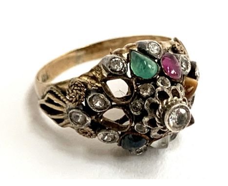 A 14ct gold and gemstone set 'Thai Princess' ring, two stones missing, 3.5g, size L 1/2 