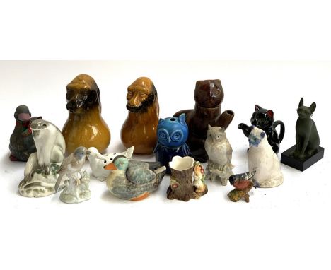 A quantity of animal ceramics, to include glazed monkey jugs, treacle glazed cat teapot, USSR baboon, Hornsea, John Buck, Bes