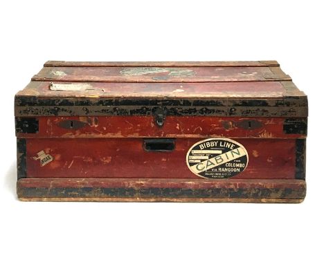 A metal lined travel wood and canvas travel trunk with metal bracings, bears label 'The Marshall Improved Air &amp; Water-tig