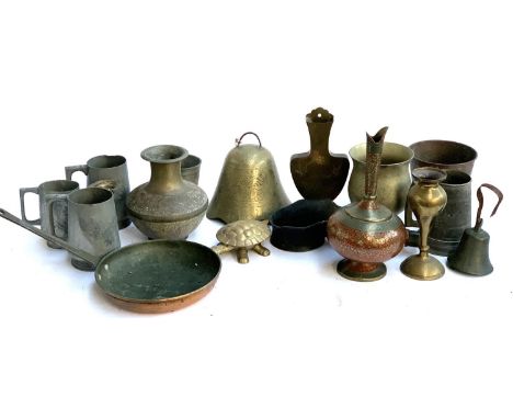 A mixed lot of metal items to include Eastern enamel and brass vase, 26cmH; copper frying pan; bell; copper planter; pewter m