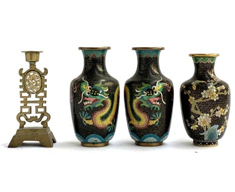 A pair of 20th century Chinese cloisonne enamel vases depicting dragon's chasing flaming pearl, on black ground, 17cmH; toget