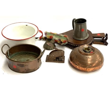 A mixed lot to include a 'Wumup' copper hot water bottle; twin handled copper pan; enamel chamberpot; bellows; Cornish pewter