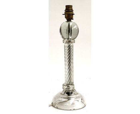 An early 20th century blown glass table lamp of wrythen column form a(af), 31cm to base of fitting 