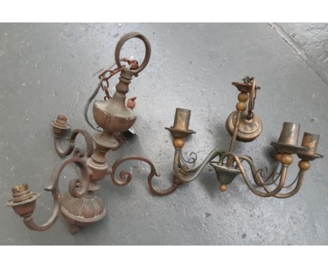 A 3 arm brass ceiling lamp, together with a further 5 arm metal lamp 