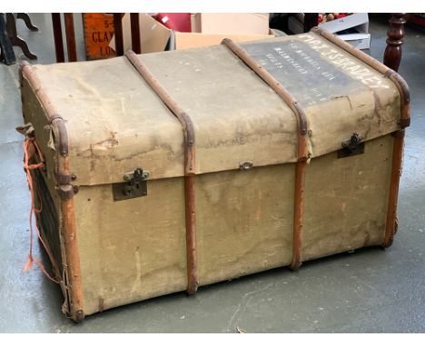 A very large canvas and wood banded travel trunk, in as found condition, 101cm wide 