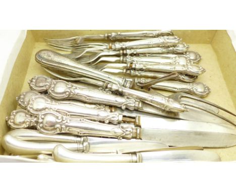 Six silver handled pistol grip knives and other flatware