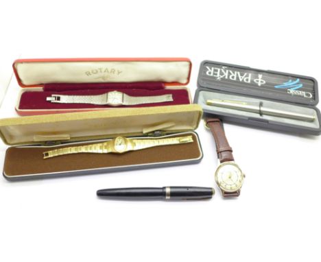A Parker Vacumatic ink pen with 14ct gold nib, one other Parker pen, two Ingersoll wristwatches and a Rotary wristwatch