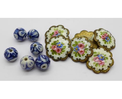 A set of six early 19th Century enamel buttons and six beads