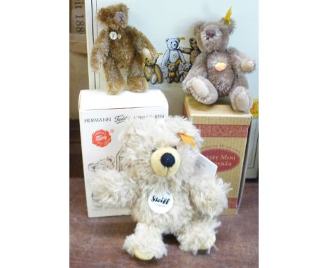 A Steiff Classic Teddy bear, two small Steiff bears (one key fob) and a Hermann miniature Teddy bear, three boxed