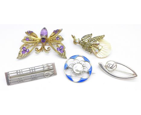 A silver and enamel brooch, enamel a/f, a hallmarked silver Mackintosh style brooch, a silver gilt butterfly brooch marked 83