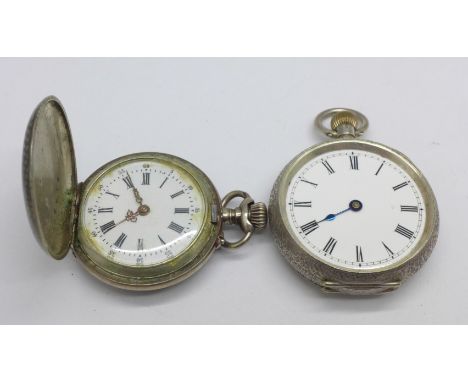 A full hunter niello fob watch and a .935 silver fob watch lacking glass