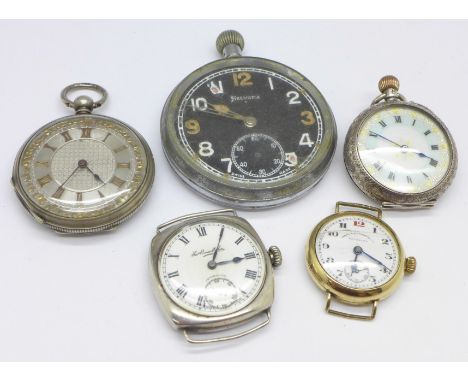 A Thomas Russell wristwatch, a plated West End Watch Co. wristwatch, a military issue pocket watch a/f and two silver fob wat