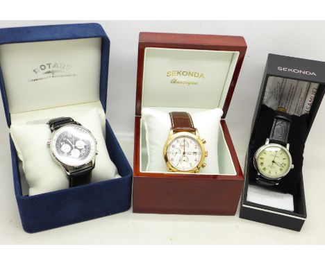 Three wristwatches, Rotary and two Sekonda, all boxed