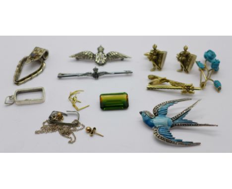 Costume jewellery, a silver RAF sweetheart brooch, one other RAF brooch, enamel bird brooch, etc.