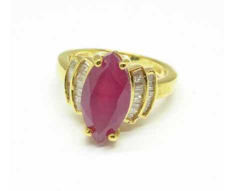 A silver gilt, marquis cut ruby and thirty diamond ring, M