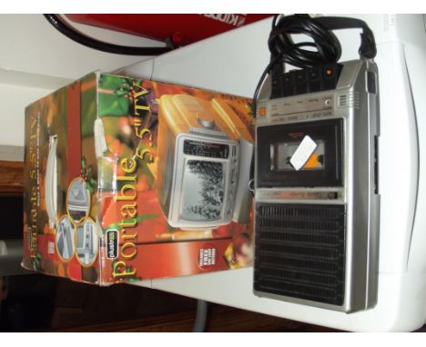 Portabale 5.5" TV, black & white, together with a tape recorder