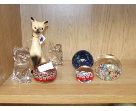 Collection of paper weights to include a ceramic cat