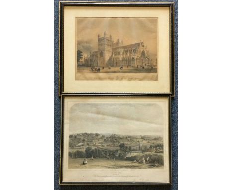 A framed and glazed lithograph print depicting The Cathedral Church of St Peter, Exeter together with A framed lithograph map