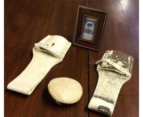 Two leather bayonet holders together with a fundraising ticket in ornate wooden frame. Est. £20 - 330.