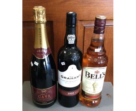A 2003 bottle of W &amp; J. Graham's late bottled vintage port, a bottle of Bell's blended scotch whisky together with a bott