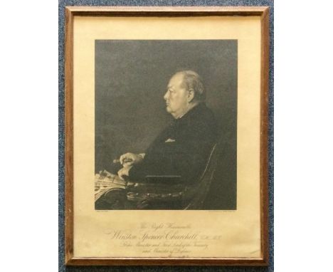 A framed and glazed lithograph print depicting The Right Honourable Winston Spencer Churchill. Entitled "Profile for Victory"